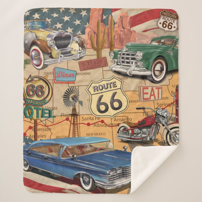 Cobertor Sherpa Poster Vintage Route 66. (Frente)