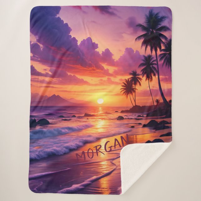 Cobertor Sherpa Praia Tropical Sunset Personalizada - Costa Sonhad (Frente)