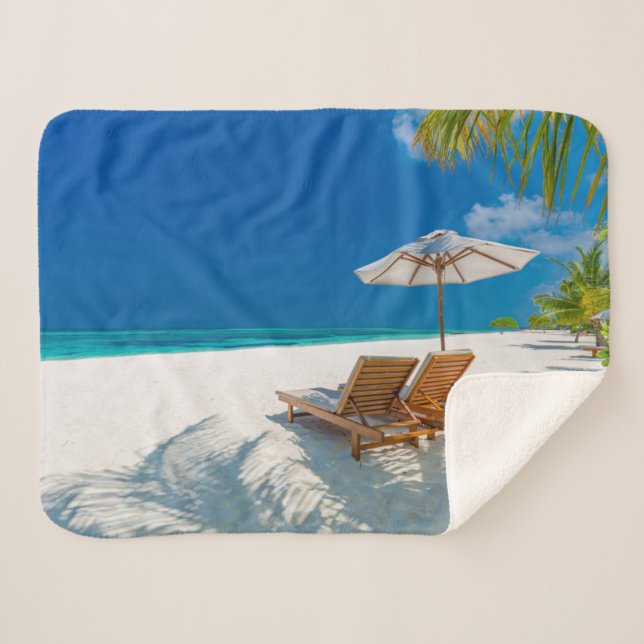 Cobertor Sherpa Praias Tropicais | Lounge Chairs Beach, Bora Bora (Frente (Horizontal))