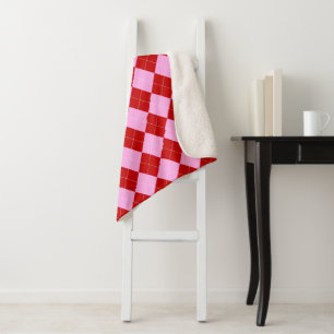 Cobertor Sherpa Preppy Argyle Tartan Diamond Xadrez Vermelho Rosa