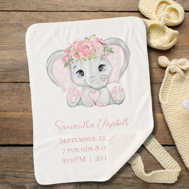 Cobertor Sherpa Presente de Estatísticas de Nascimento Elefante Be (Pink Elephant Sherpa Baby Blanket. Personalized with name and birth stats)