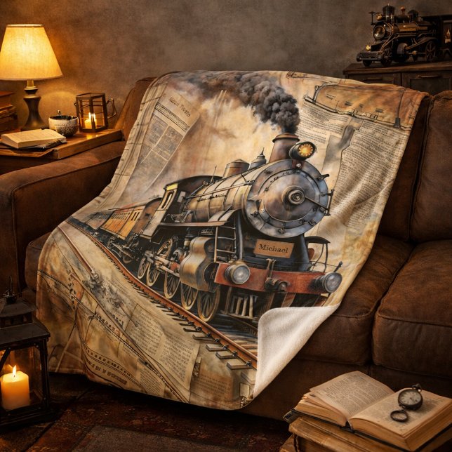 Cobertor Sherpa Presente de Trem a Vapor Antigo c/ Nome (Criador carregado)