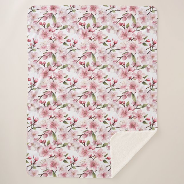 Cobertor Sherpa Pretty Pink Cherry Blossom Flowers (Frente)