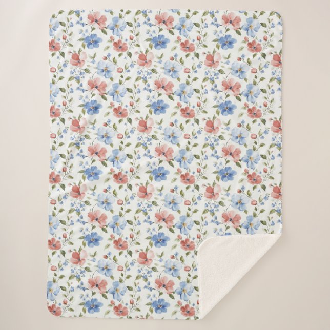 Cobertor Sherpa Pretty Red Blue Flowers Birthday (Frente)