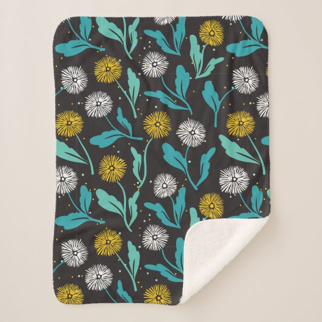 Cobertor Sherpa Primavera Dandelion Flores e Folhas Design (Frente)