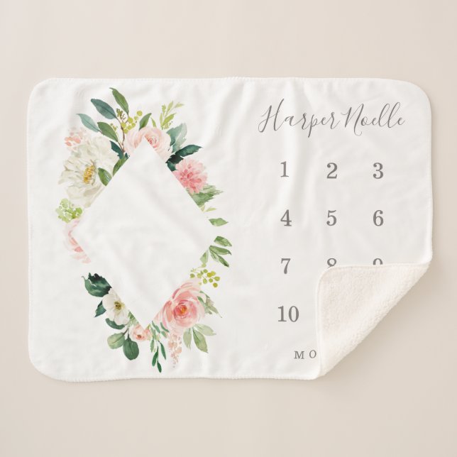 Cobertor Sherpa Primavera Florals Diamond Baby Milestone (Frente (Horizontal))