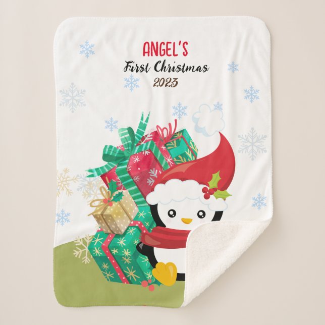 Cobertor Sherpa Primeira Menina Pinguim de Natal Sherpa Blanket (Frente)