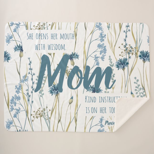 Cobertor Sherpa Provérbios 31 Flores Azuis e Douradas Mãe (Frente (Horizontal))