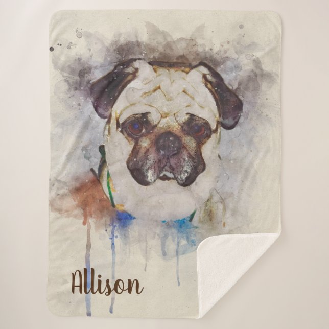 Cobertor Sherpa Pug de Aquarela (Frente)
