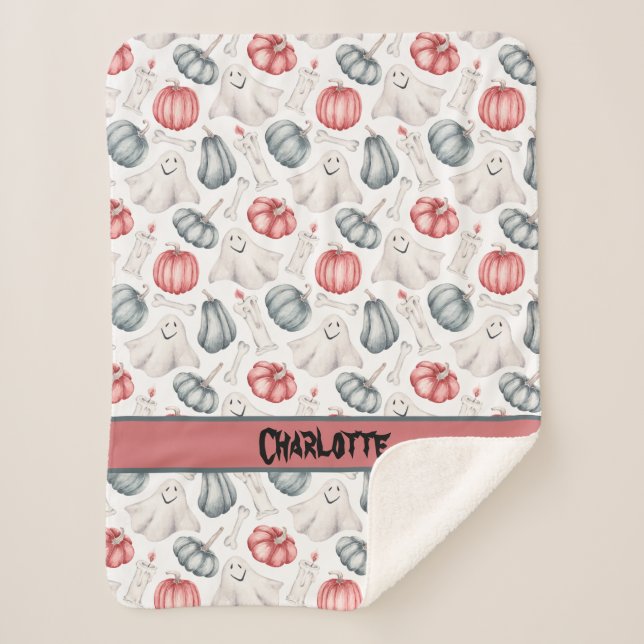 Cobertor Sherpa Pumpkin da Vela do Osso Fantasma do Halloween (Frente)