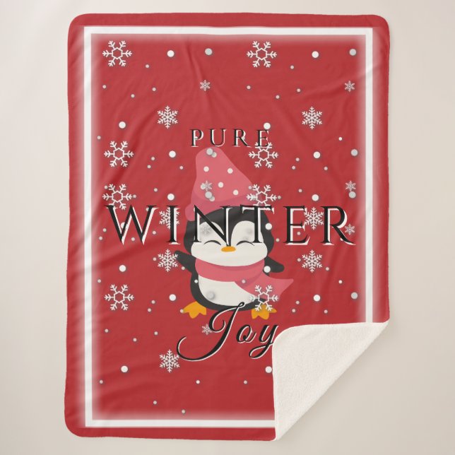Cobertor Sherpa Pura Joia de inverno com Pinguim e Neve Sherpa Bla (Frente)