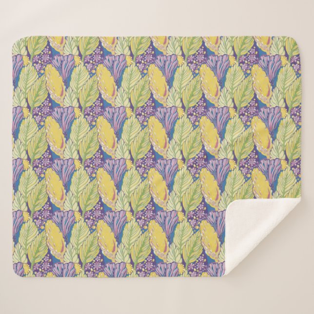 Cobertor Sherpa Purple Green Yellow Ornamental Floral Pattern. (Frente (Horizontal))