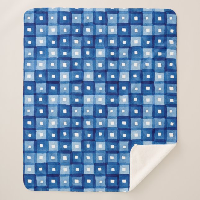 Cobertor Sherpa Quadrados Azuis, Mosaico Sem Costura Sem Mola. (Frente)