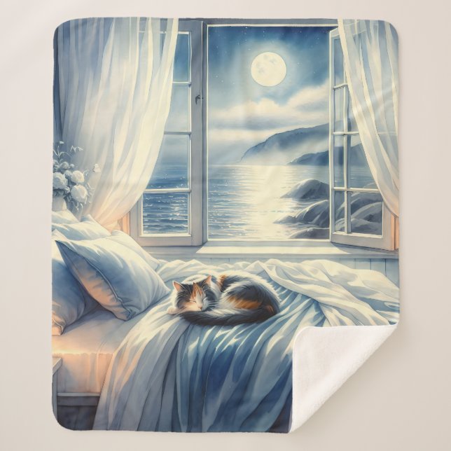 Cobertor Sherpa Quarto Costeiro Iluminado pela Lua com Gato Adorme (Frente)