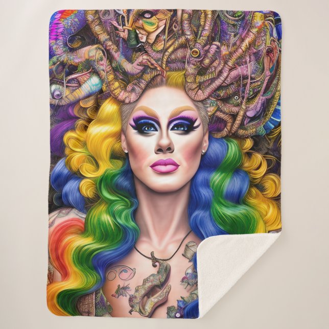 Cobertor Sherpa Rainbow Drag Queen Trabalho de arte Design (Frente)
