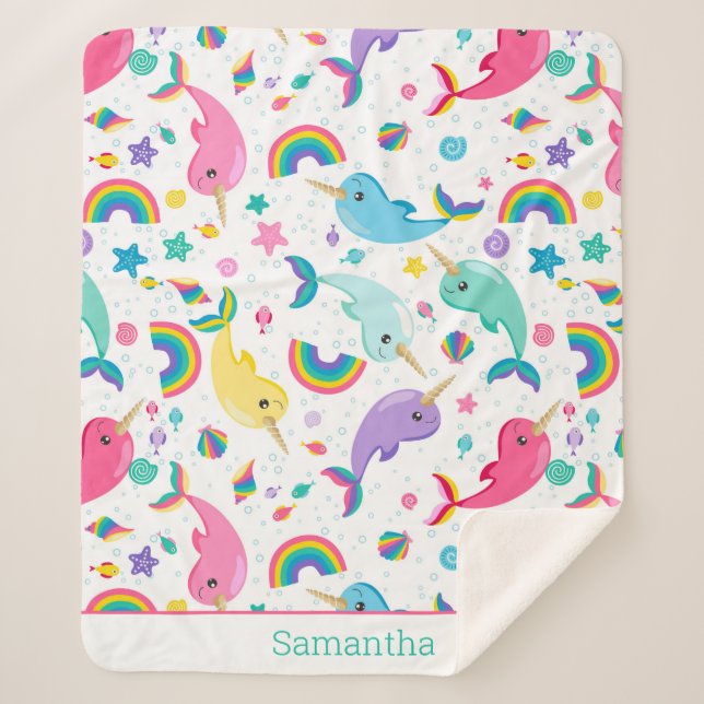 Cobertor Sherpa Rainbow Narwhal Sob As Garotas Marítimas Personali (Frente)