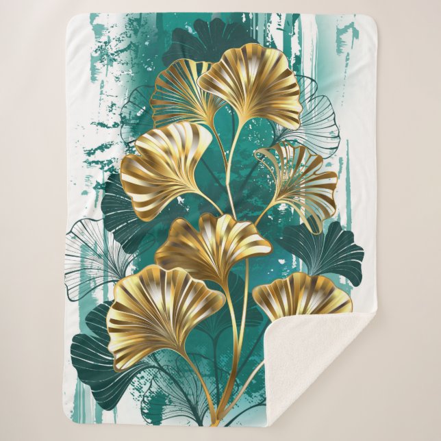 Cobertor Sherpa Ramificação com Ouro deixa Ginko Biloba (Frente)