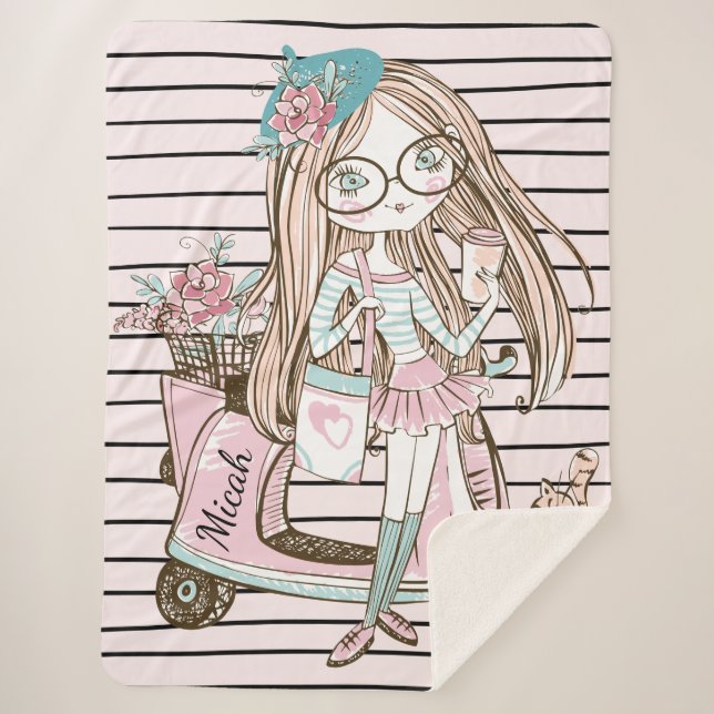 Cobertor Sherpa Rapariga e Gato com Patinete com Nome Personalizad (Frente)