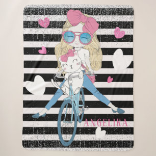 Cobertor Sherpa Rapariga e Gato em Bicicletas Black Stripes e Cora