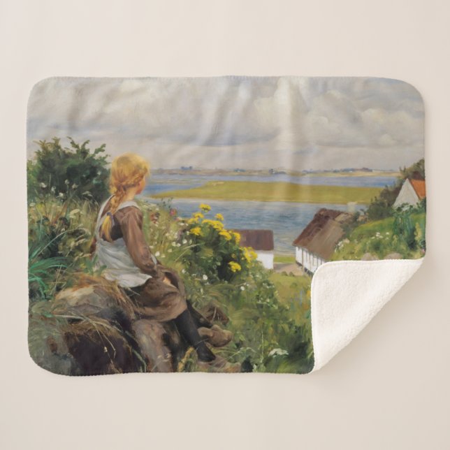 Cobertor Sherpa Rapariga perdida em pensamento (por H.A. Brendekil (Frente (Horizontal))
