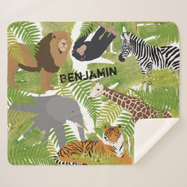Cobertor Sherpa Rapaz Safari de Animais Selvagens Personalizados | (Frente (Horizontal))