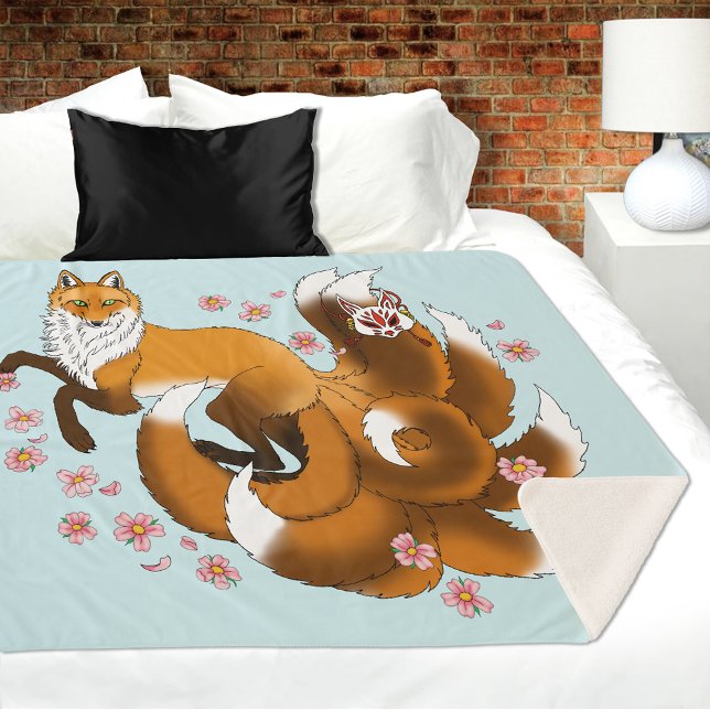 Cobertor Sherpa Raposa Kitsune Caprichosa Flores de Cerejeira Azui (Criador carregado)