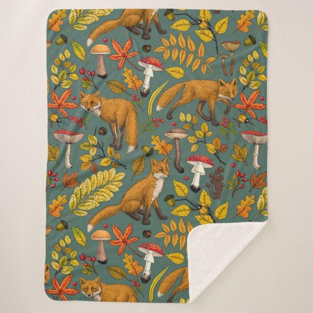 Cobertor Sherpa Raposas de outono em verde-pinheiro (Frente)
