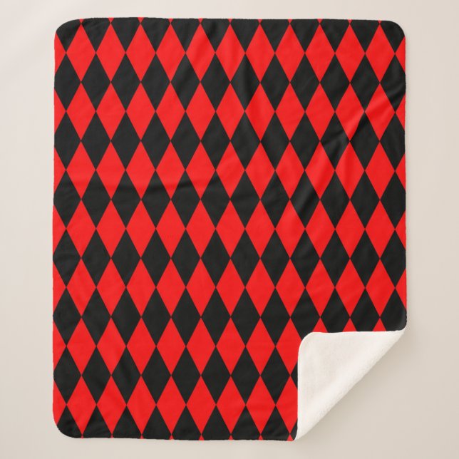 Cobertor Sherpa Red Black Harlequin Diamonds Checkers Design  (Frente)