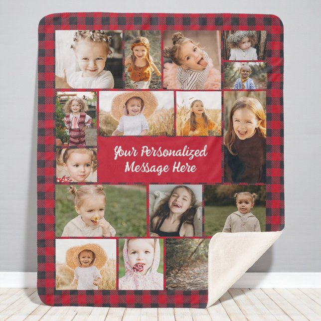 Cobertor Sherpa Red Buffalo Plaid Personalized 16 Photo Collage (Criador carregado)