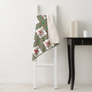 Cobertor Sherpa Red Mockingbird Poinsettia Green