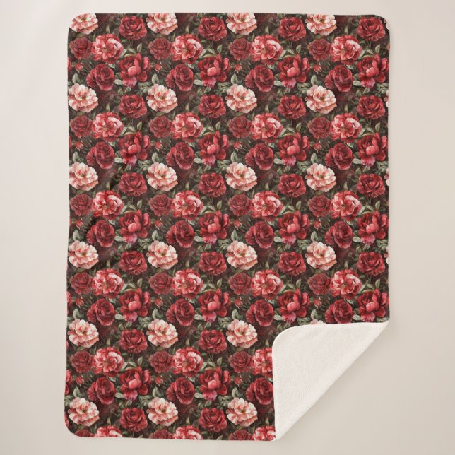 Cobertor Sherpa Red Pink Rose Flowers   (Frente)
