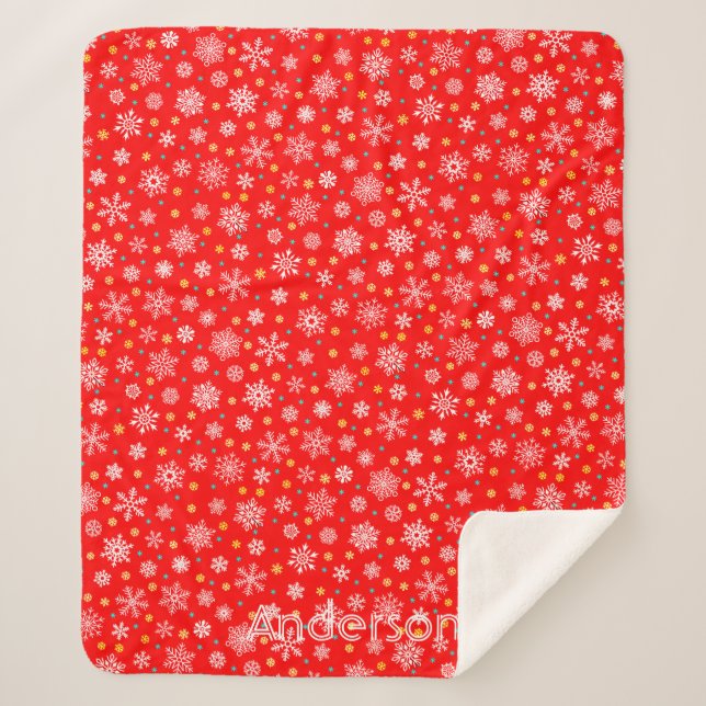 Cobertor Sherpa Red Snowflakes Nome Personalizado Elegante Moderno (Frente)