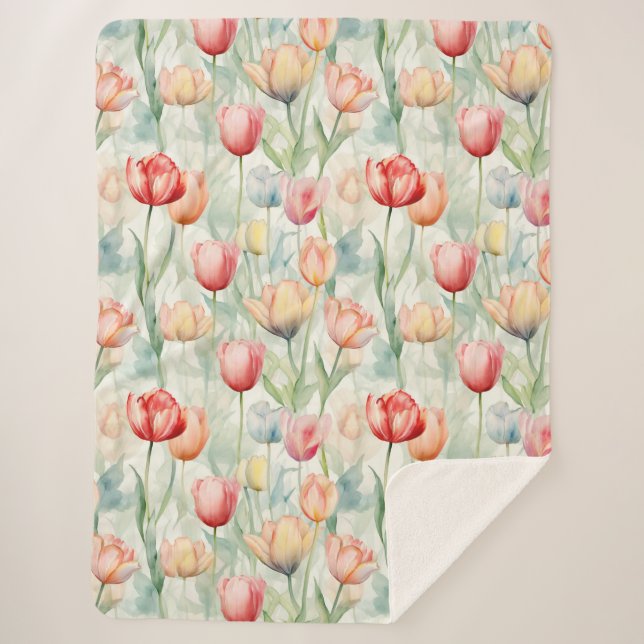 Cobertor Sherpa Red Yellow Blue Tulip Flowers (Frente)