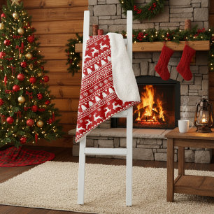 Cobertor Sherpa Reindeer Clássico de Natal Vermelho e Branco