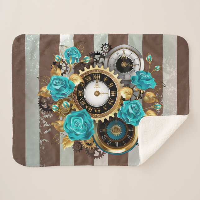 Cobertor Sherpa Relógio e Rosas de Turquesa em Striping (Frente (Horizontal))