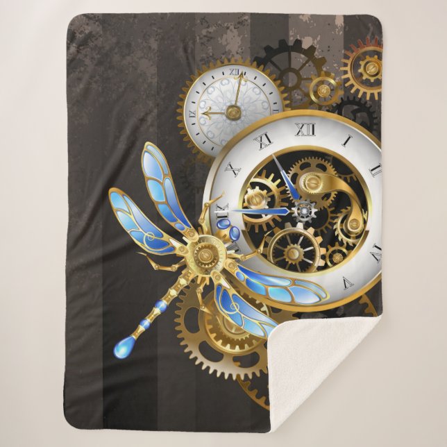 Cobertor Sherpa Relógio Steampunk com Dragonfly Mecânica (Frente)