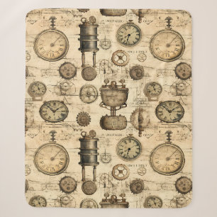 Cobertor Sherpa Relógio Vintage Steampunk Pardo Pergaminho