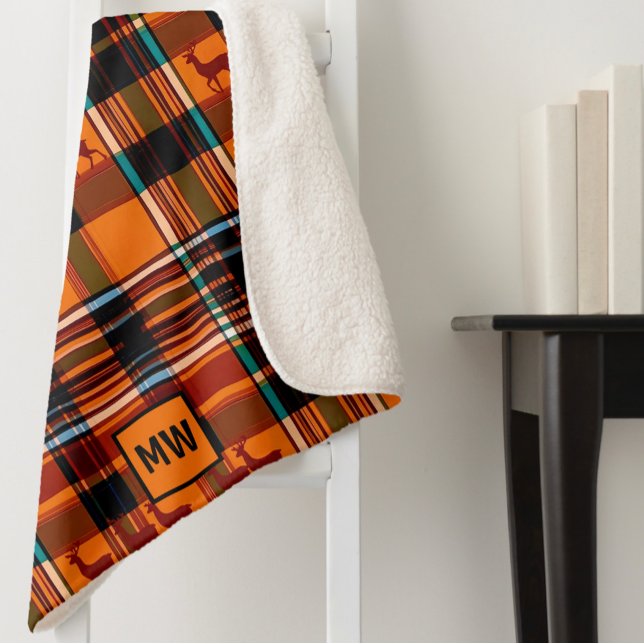 Cobertor Sherpa renas de xadrez, monograma de Natal de inverno (Criador carregado)