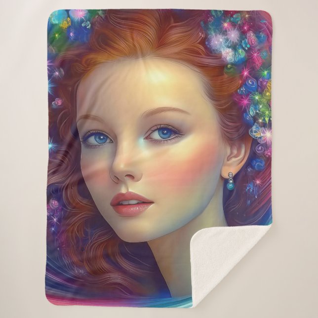 Cobertor Sherpa Retrato do Cabelo Arco-Íris Encantado (Frente)