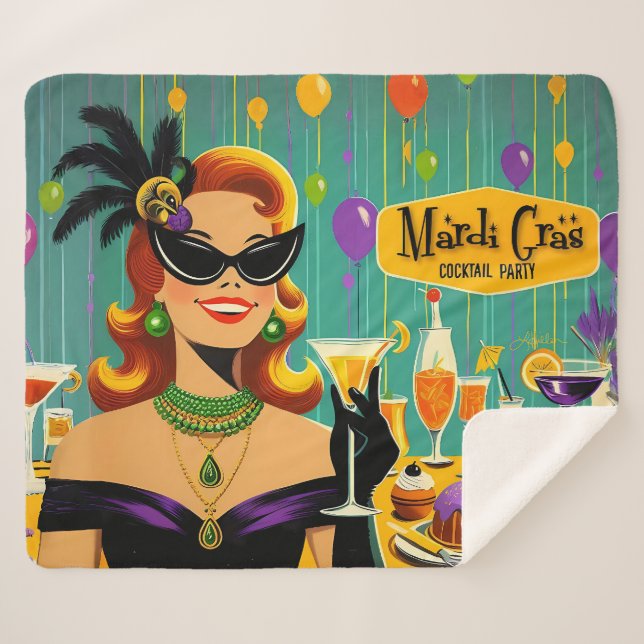 Cobertor Sherpa Retro 50s Mardi Gras Cocktail Party (Frente (Horizontal))
