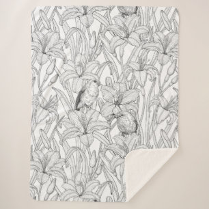Cobertor Sherpa Robins e flores, preto e branco