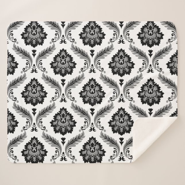 Cobertor Sherpa Rococo Damask Pattern Grey Black White (Frente (Horizontal))