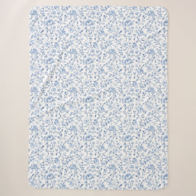 Cobertor Sherpa Romântico Floral Branco Azul (Frente)