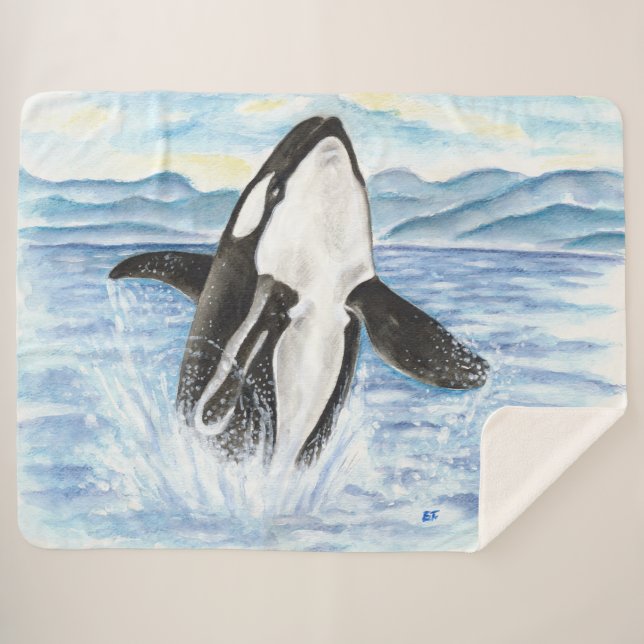 Cobertor Sherpa Rompendo a aguarela da baleia da orca (Frente (Horizontal))