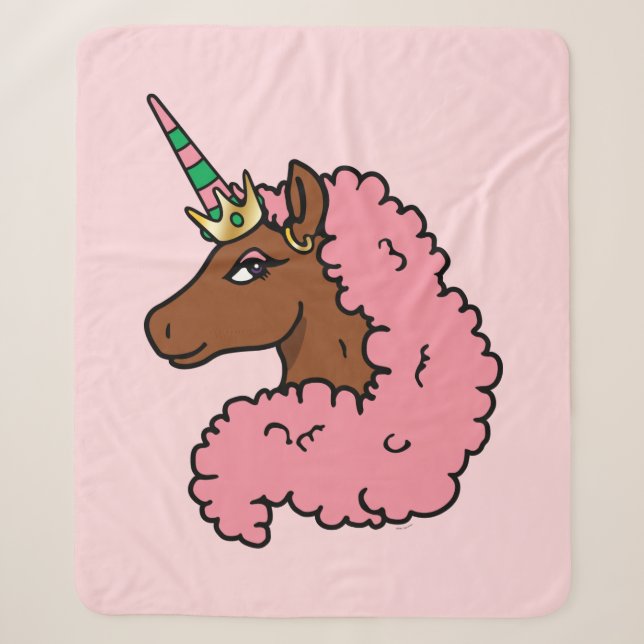 Cobertor Sherpa Rosa claro Afro Unicorn (Frente)