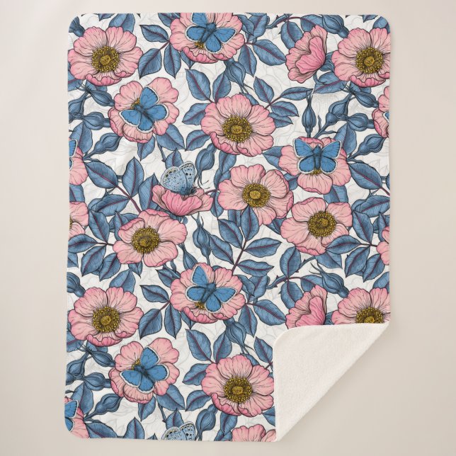 Cobertor Sherpa Rosa de cães e borboletas (Frente)