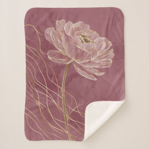 Cobertor Sherpa Rosa Desbotado Dourado Arte Linear Floral Elegante