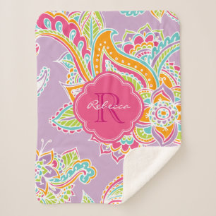 Cobertor Sherpa Rosa e Lilac Boho Paisley Monogramas