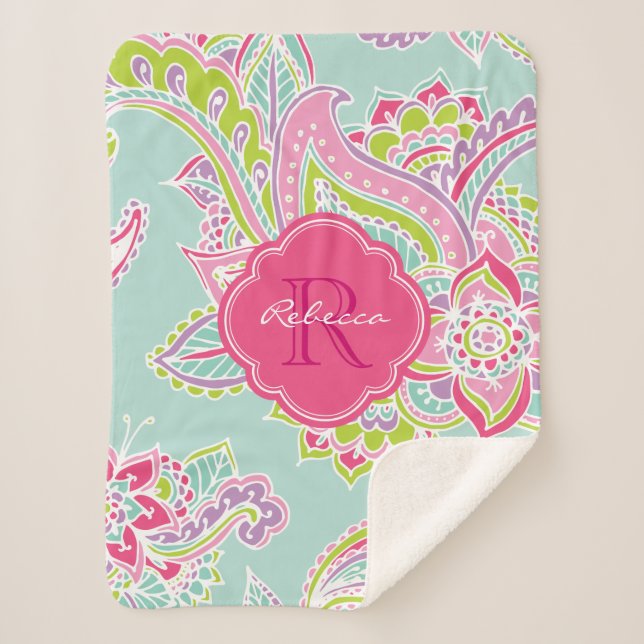 Cobertor Sherpa Rosa e Mint Boho Paisley Monogramas (Frente)