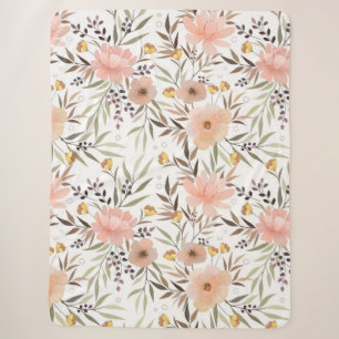 Cobertor Sherpa Rosa Pastel Pêssego Oliva Marrom Folhas Florais